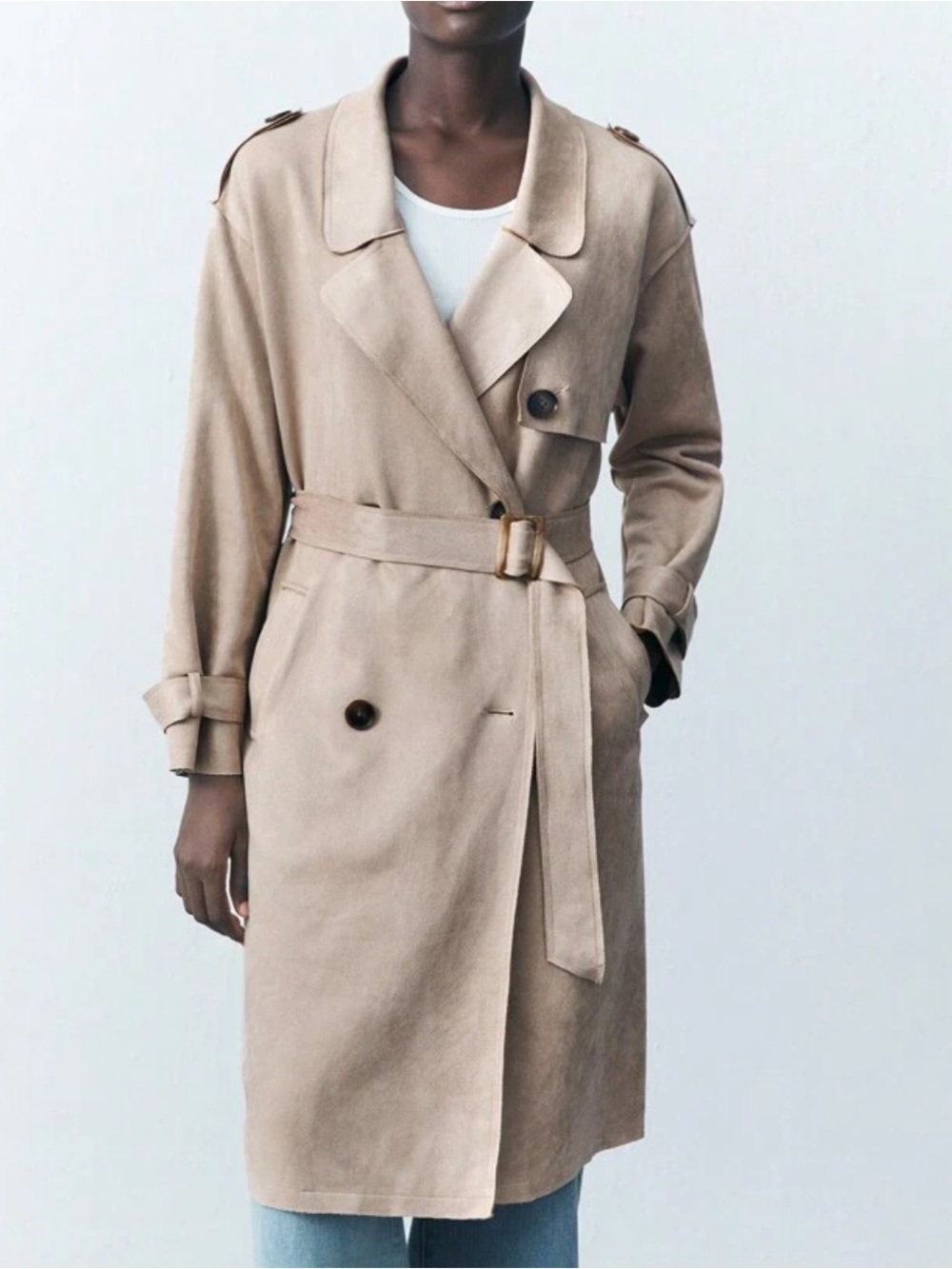Faux suede Beige cream light tan Trench Coat - Picture 3 of 7